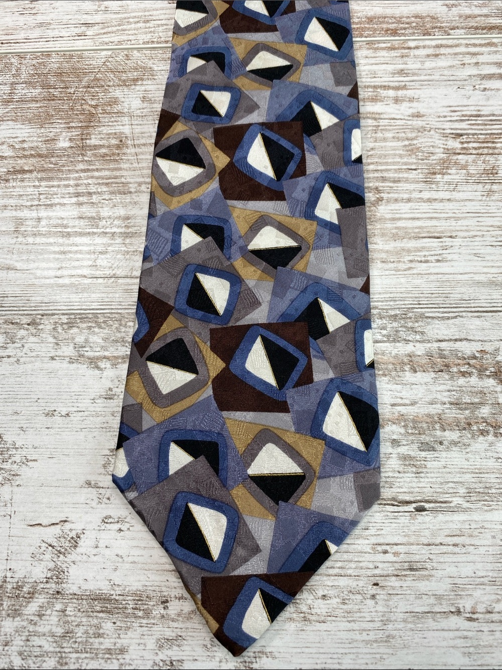 Vintage 90s Ziggurat Mulberry Silk Tie Blue Gray Abstract Geometric 58” Made USA